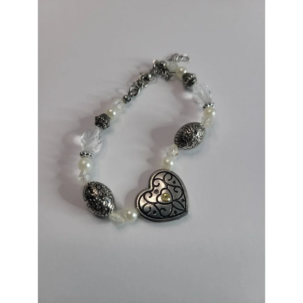 Silver-Tone Heart Charm Beaded Bracelet with Faux Pearls and Clear Faceted Beads
